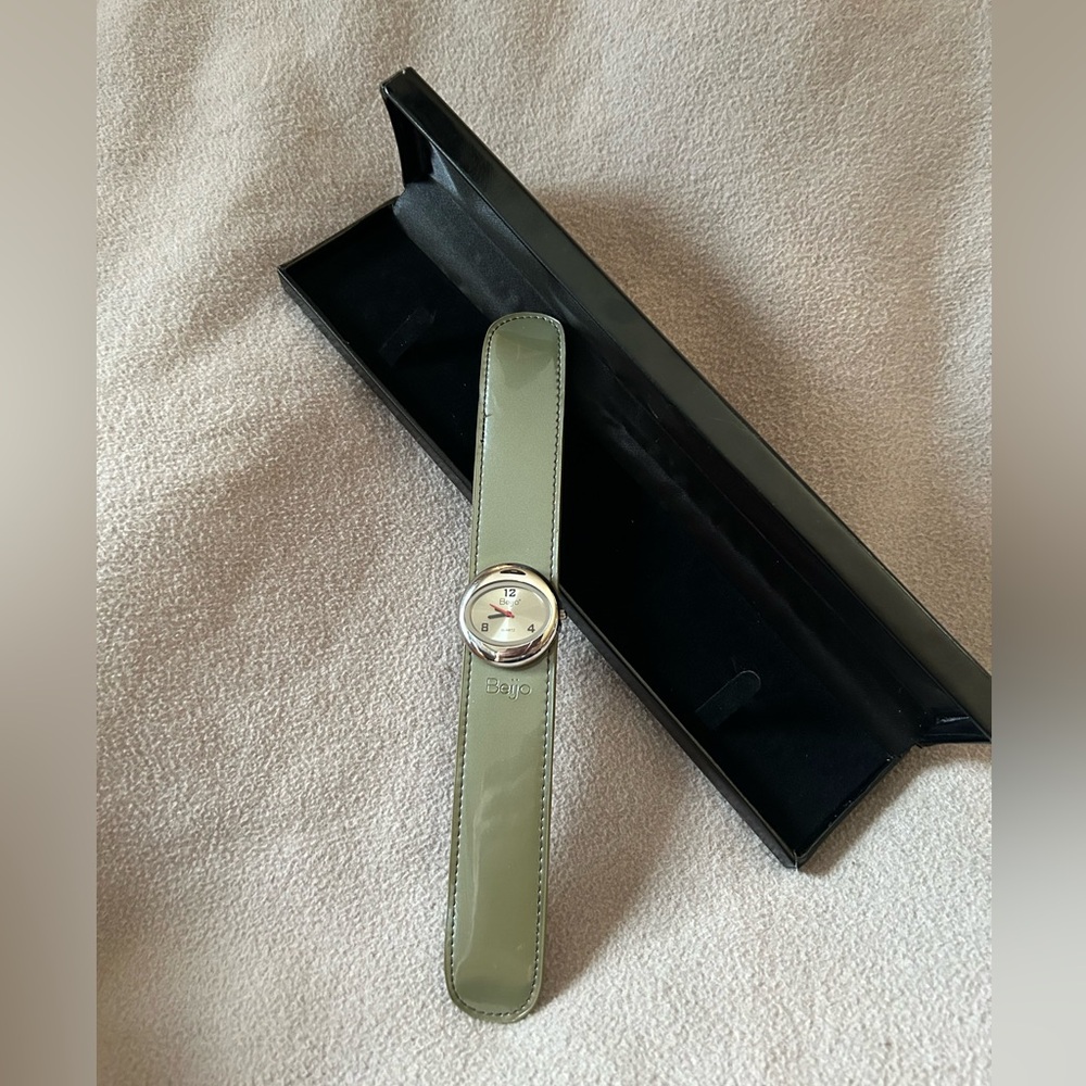 Beijo Army Green Patent Leather Slap Wrist Watch with Case